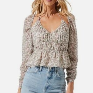 Astr the Label Floral Off the Shoulder Blouse with Tie Detail